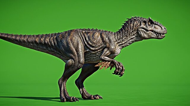 A realistic dinosaur standing on a green screen background, presented in a 4K resolution digital illustration. Perfect for movies, educational content, and presentations.