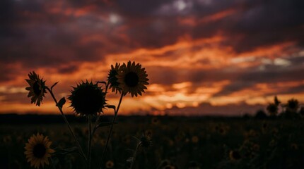 Sunflowers Silhouetted Against a Dramatic Sunset Sky