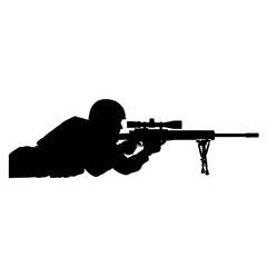Obraz premium Black Silhouette Sniper Soldier Prone Aiming Rifle – Side Profile Vector Isolated on White