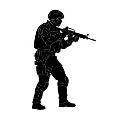 Black Silhouette Modern Soldier with Assault Rifle &ndash; Tactical Side View Vector Isolated on White