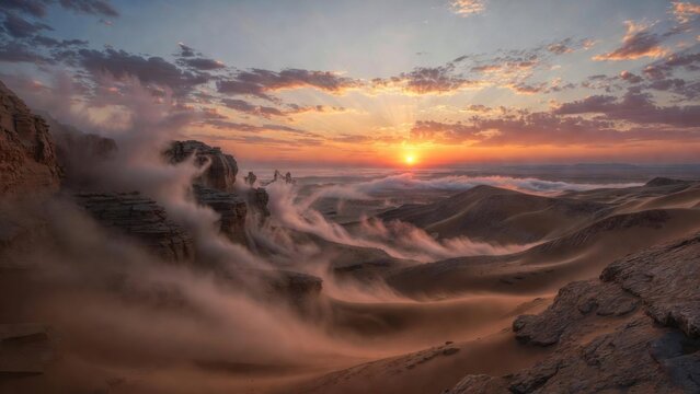 Sand dunes rolling with mist on coastal plateau sunrise.