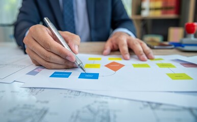 A businessman is working on a flowchart.