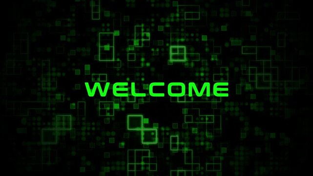 Animated welcome text on futuristic tech background