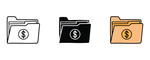 Financial folder and money document icon set. Office folder symbol with dollar coin for payroll, investment records, and tax documentation design. Vector Illustration.