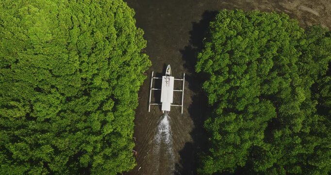 Traditional outrigger boat traveling through a narrow channel surrounded by lush green mangrove trees, creating a serene and picturesque aerial view of tropical nature in Gili Islands, Indonesia