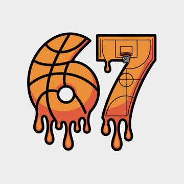A creative design merges the number 67 with basketball imagery. The 6 resembles a basketball while the 7 is styled like a court.