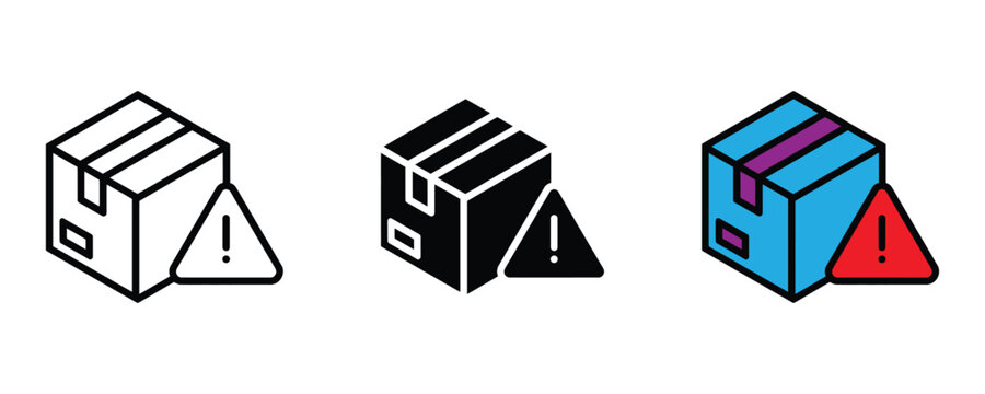 Shipping box with warning alert icon set. Delivery package symbol with exclamation mark for fragile items, shipping error, and logistics caution design. Vector Illustration.