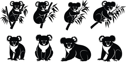 Black and white koala silhouette set in multiple poses on eucalyptus branches vector illustration isolated on white background for wildlife design © Josna