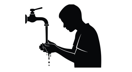 A silhouette of a boy washing his hands under a water tap © Ziaul_Studio