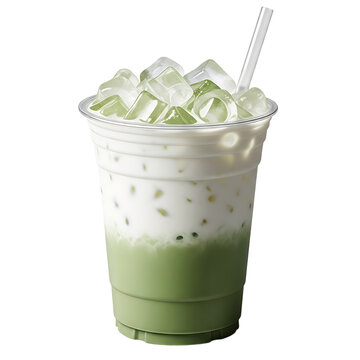 A refreshing matcha green tea latte in a clear plastic cup with a straw