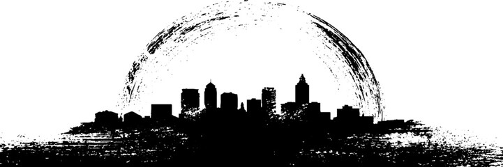 Abstract star trail circle over city silhouette in stencil style for retro design