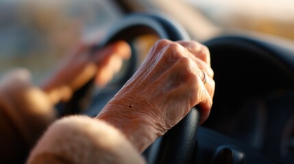 Obraz premium Elderly woman driving a car with both hands on the steering wheel 