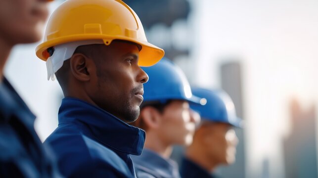 Construction workers in safety helmets looking into distance outdoors  
