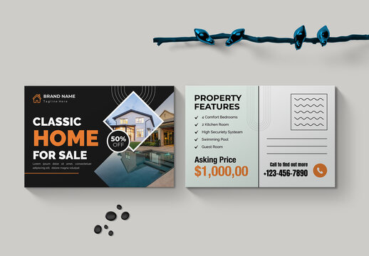 Classic Home For Sale Real Estate Postcard Template Design Layout