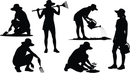 Female gardener silhouettes collection with planting, watering and raking poses isolated on white background for landscaping and gardening themes © MstHalima