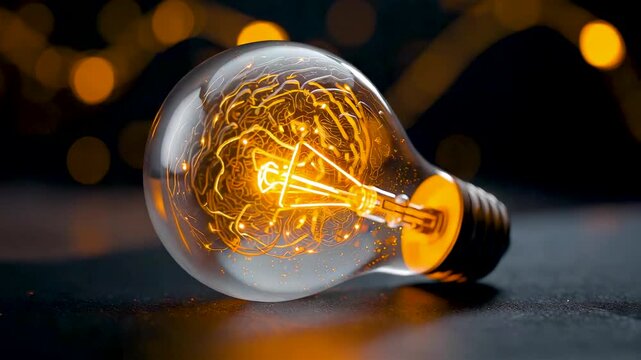 Glowing vintage tungsten filament light bulb resting on dark surface with warm golden illumination and dramatic bokeh lighting atmosphere