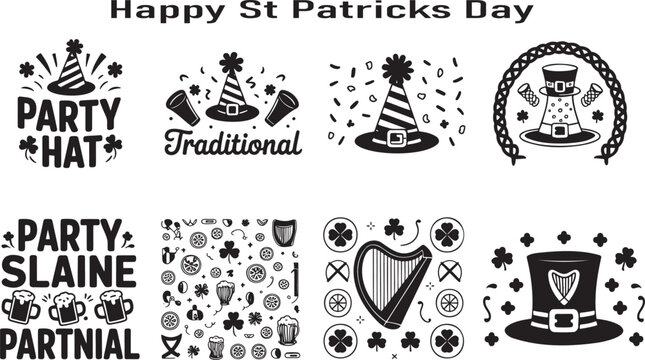Various black silhouette icons for St Patricks Day party celebrations featuring hats, harps, and shamrocks