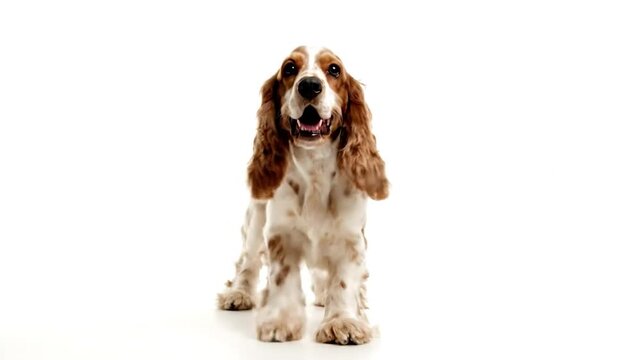 A happy brown and white Cocker Spaniel dog stands on a white background