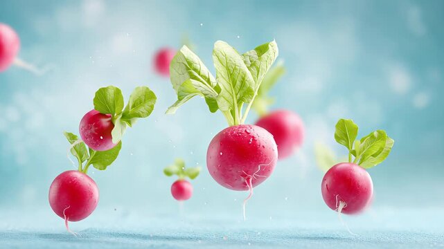 Fresh red radishes floating with green leaves against a light blue background