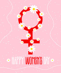 Illustration of a woman's sign with daisies on a light pink background. Greeting card for Women's Day.