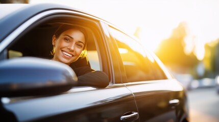 Naklejka premium Young woman smiling from car window during sunset drive 