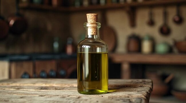 Olive oil bottle on wooden table in rustic kitchen setting  