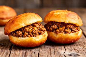 Traditional South African Vetkoek Duo Filled with Spiced Minced Meat Curry on Rustic Wooden Table, Warm Home Cooking Scene