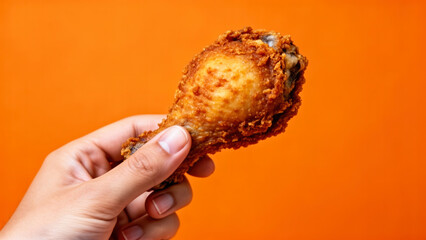Hand Holding a Crispy Golden Fried Chicken Drumstick, Symbolizing Delicious Fast Food and Indulgent Comfort Eating.
