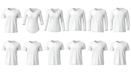 Collection of various white tshirts for men and women in different styles and designs isolated on white background © Saharia