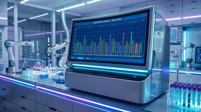 DNA Sequencer Machine Displaying Genetic Data Graph