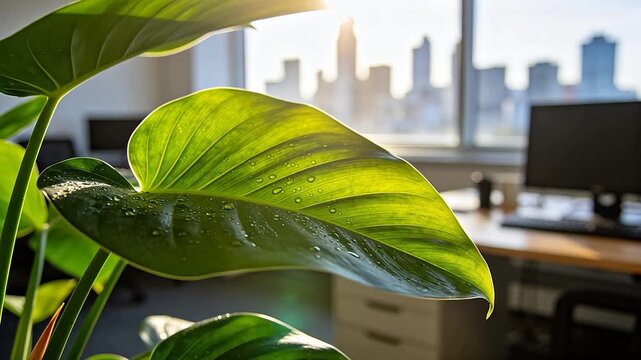 Office workspace with computer monitor and green plant near window overlooking city