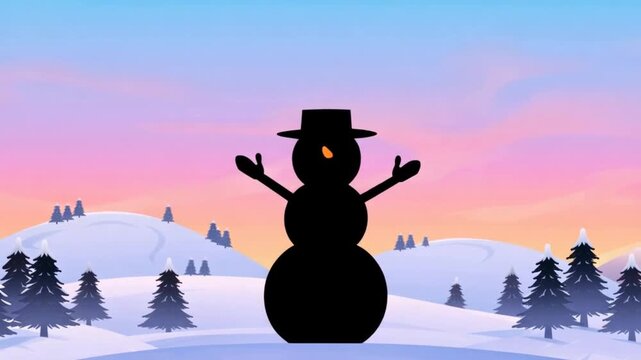Snowman Silhouette in Winter Landscape at Sunset.