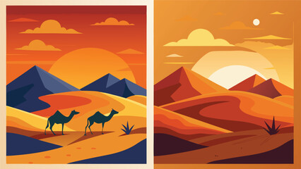 A vibrant sunset over a desert landscape with a camel and a tent Vector © Rana Islam