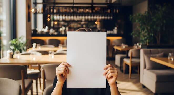 Woman holding blank white menu board in modern restaurant interior with tables and chairs, natural light