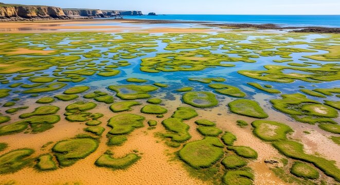 Vista a&eacute;rea de algas verdes en una playa de Pen&Igrave;nsula de Vald&Egrave;s con un hombre y su sombra.
 Argentina, Sudam&eacute;rica.