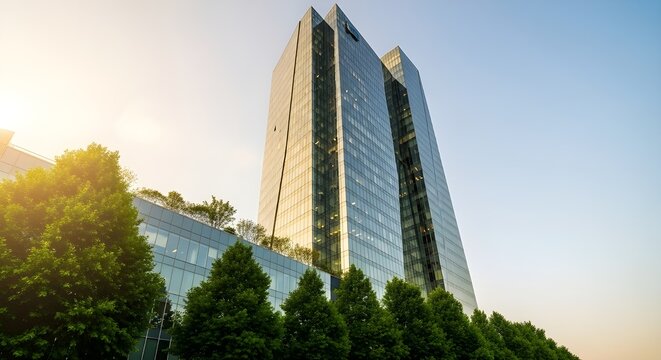 Construcci&oacute;n verde sostenible.
 Edificio ecol&oacute;gico en ciudad moderna.
 Edificio de oficinas de vidrio sostenible con &aacute;rbol para reducir el di&oacute;xido de carbono.
 Oficina con ambiente verde.
 El edificio