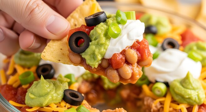 A person scooping a generous amount of seven-layer dip onto a chip.
