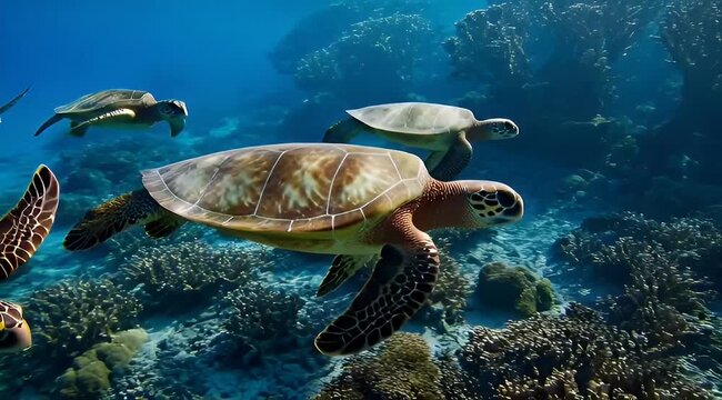 Sea turtles gracefully swimming amongst vibrant coral reefs in crystal clear ocean