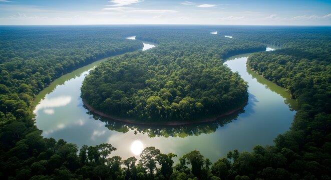 Una vista a&eacute;rea del r&iacute;o Amazonas en lo profundo de la selva tropical