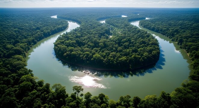 Una vista a&eacute;rea del r&iacute;o Amazonas en lo profundo de la selva tropical