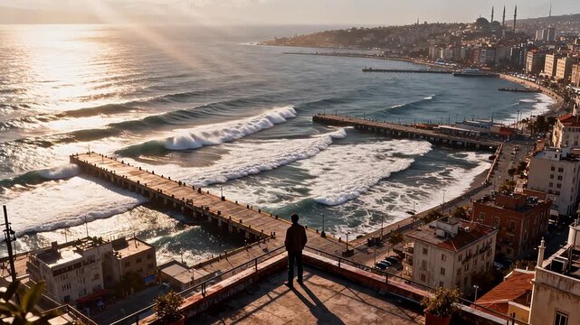 Coastal city waterfront scene with waves crashing against pier and historic architecture