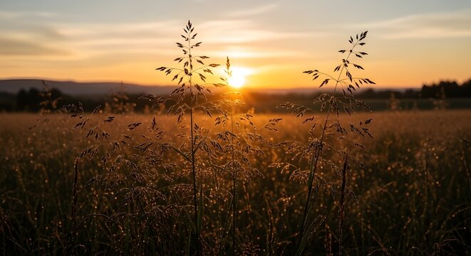 Paisaje c&aacute;lido abstracto de flores silvestres secas y prados de hierba en la c&aacute;lida hora dorada del atardecer o del amanecer.
 Fondo tranquilo del campo de la naturaleza del oto&ntilde;o.
 Suave hora dorada