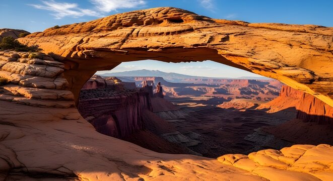 Panorama de Mesa Arch al amanecer, Parque Nacional Canyonlands, Utah, EE.UU.