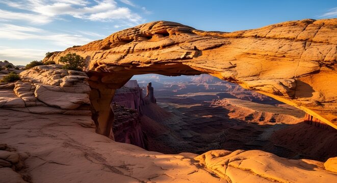 Panorama de Mesa Arch al amanecer, Parque Nacional Canyonlands, Utah, EE.UU.