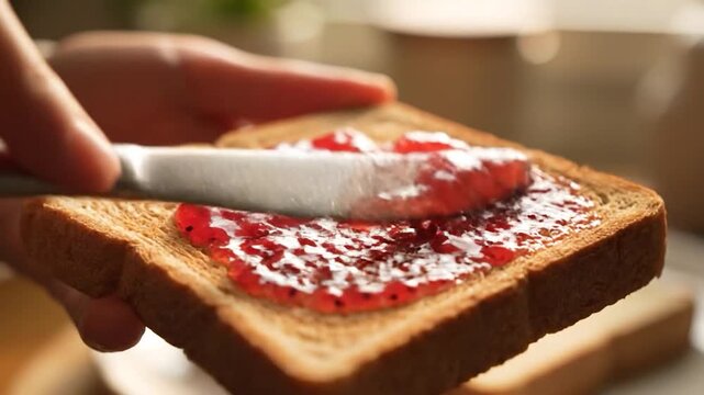Spreading delicious strawberry jam on a slice of toasted bread with a knife.