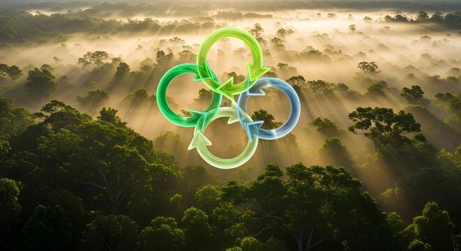 S&iacute;mbolo de reducir, reutilizar y reciclar en medio de una hermosa jungla virgen.
 Concepto ecol&oacute;gico.
 Una met&aacute;fora ecol&oacute;gica para la gesti&oacute;n ecol&oacute;gica de residuos y un estilo de vida econ&oacute;mico y sost