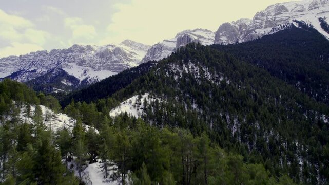 Aerial take of a forest and a mountain covered with snow in the spanish Pyrenees, Cad&iacute; mountain range