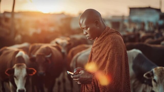 Maasai man in traditional shuka using smartphone to check cattle auction prices during golden hour capturing the blend of indigenous culture and modern urban life in Africa.