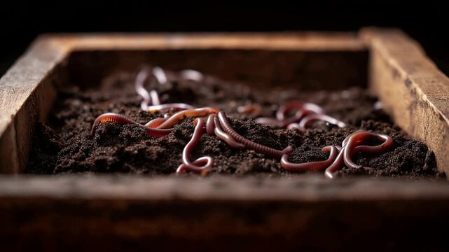 Red wiggler worms gracefully crawling through rich dark vermicompost in a wooden bin captured in extreme close-up with soft diffused light highlighting the beauty of sustainable worm farming.