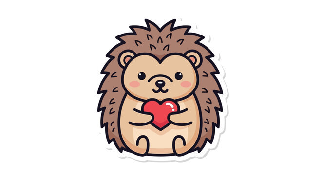 Cute Hedgehog Holding Red Heart, Adorable Animal Sticker, Kawaii Style
